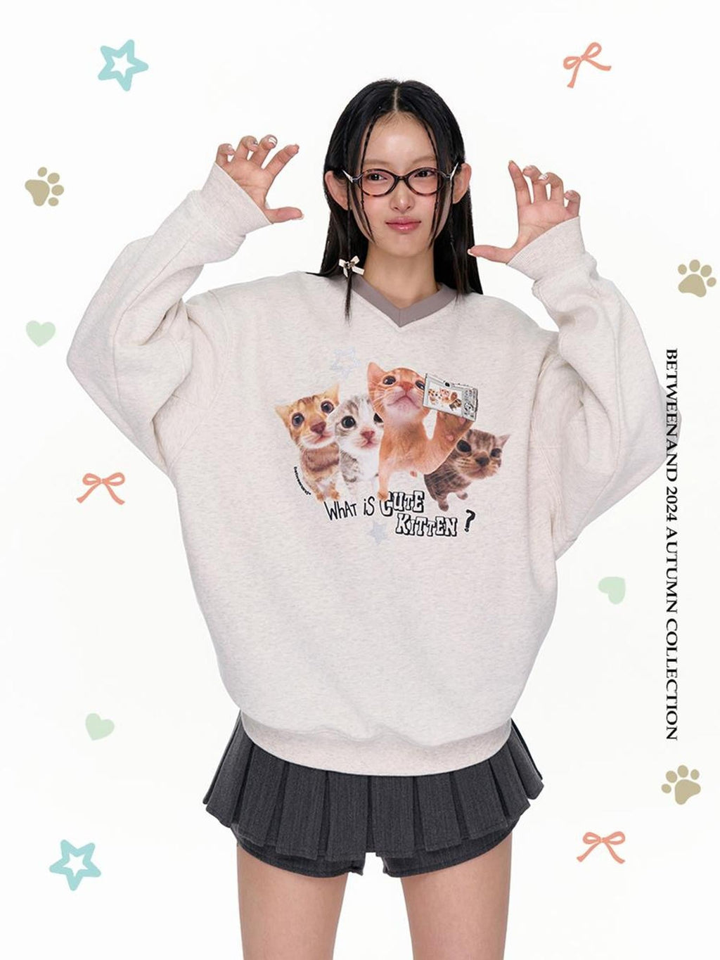 Oatmeal Gray Kitten Selfie Print V-neck Women's Poly Cotton Blend Sweatshirts