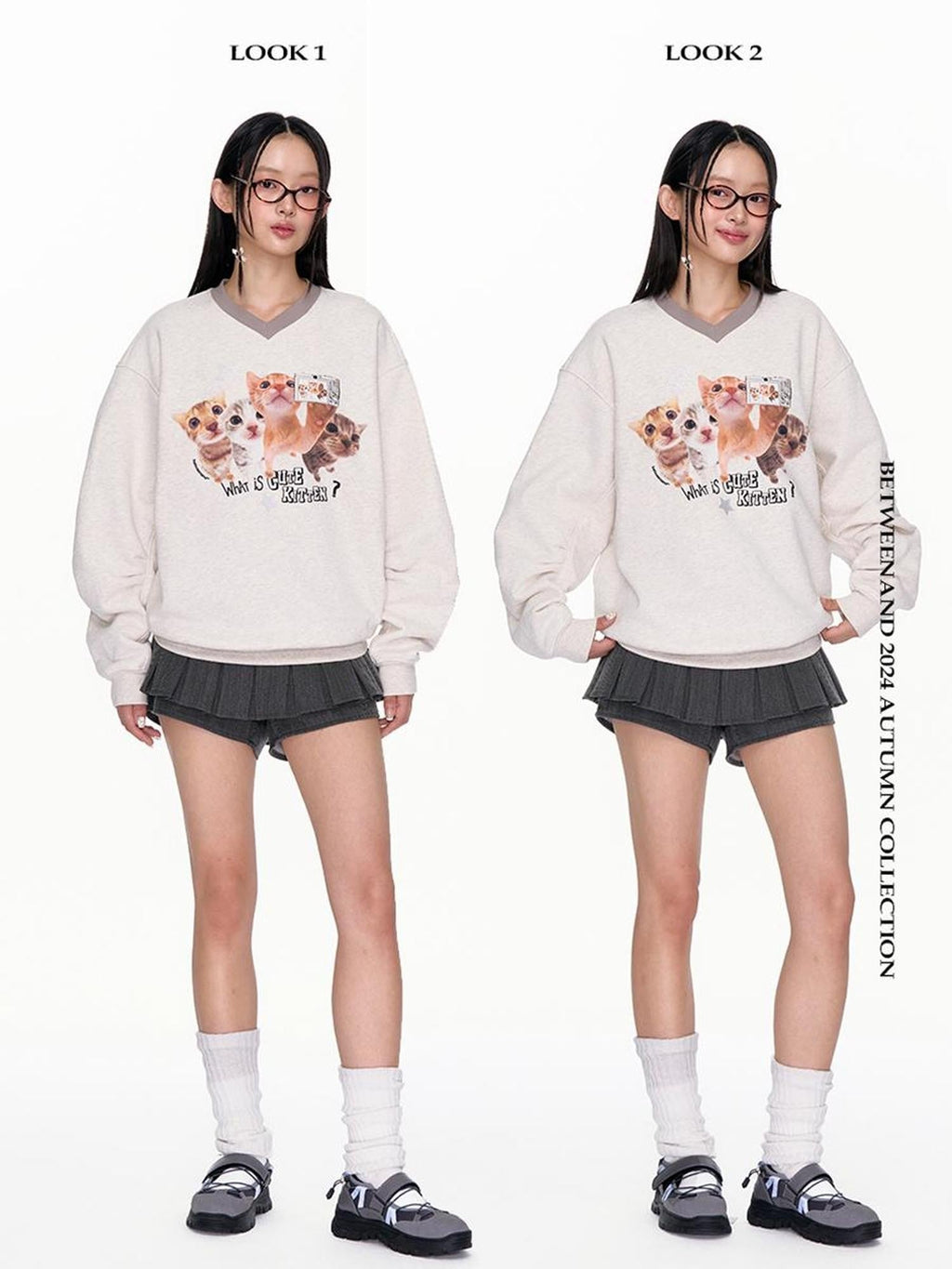 Oatmeal Gray Kitten Selfie Print V-neck Women's Poly Cotton Blend Sweatshirts