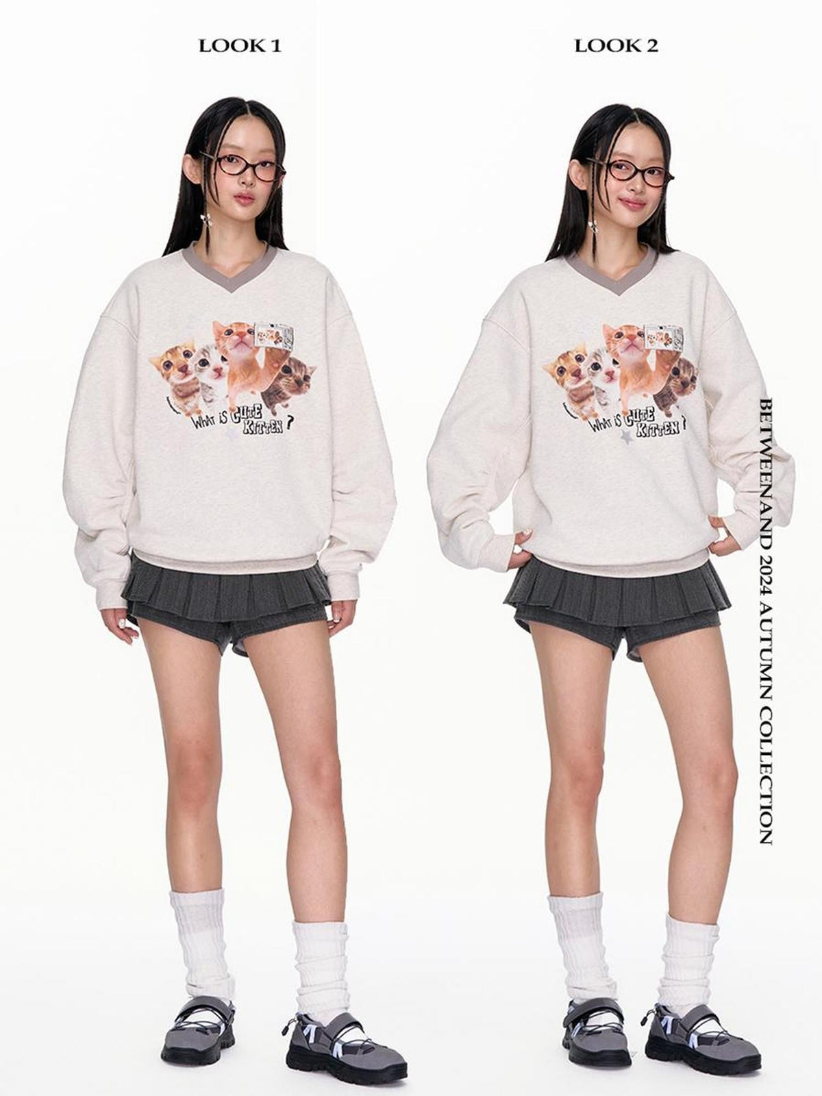 Oatmeal Gray Kitten Selfie Print V-neck Women's Poly Cotton Blend Sweatshirts