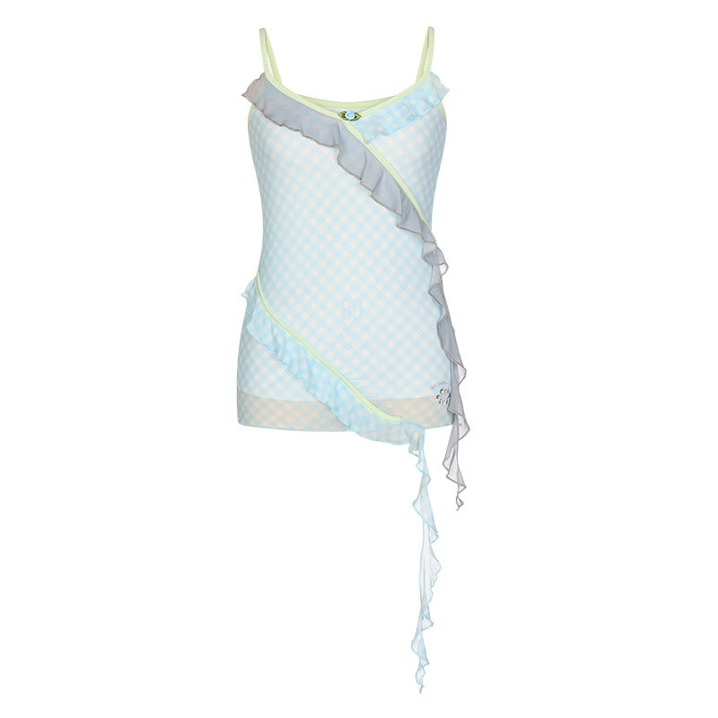 Ocean Wave Contrast Mesh Irregular Lace Strappy Women's Viscose Camisoles