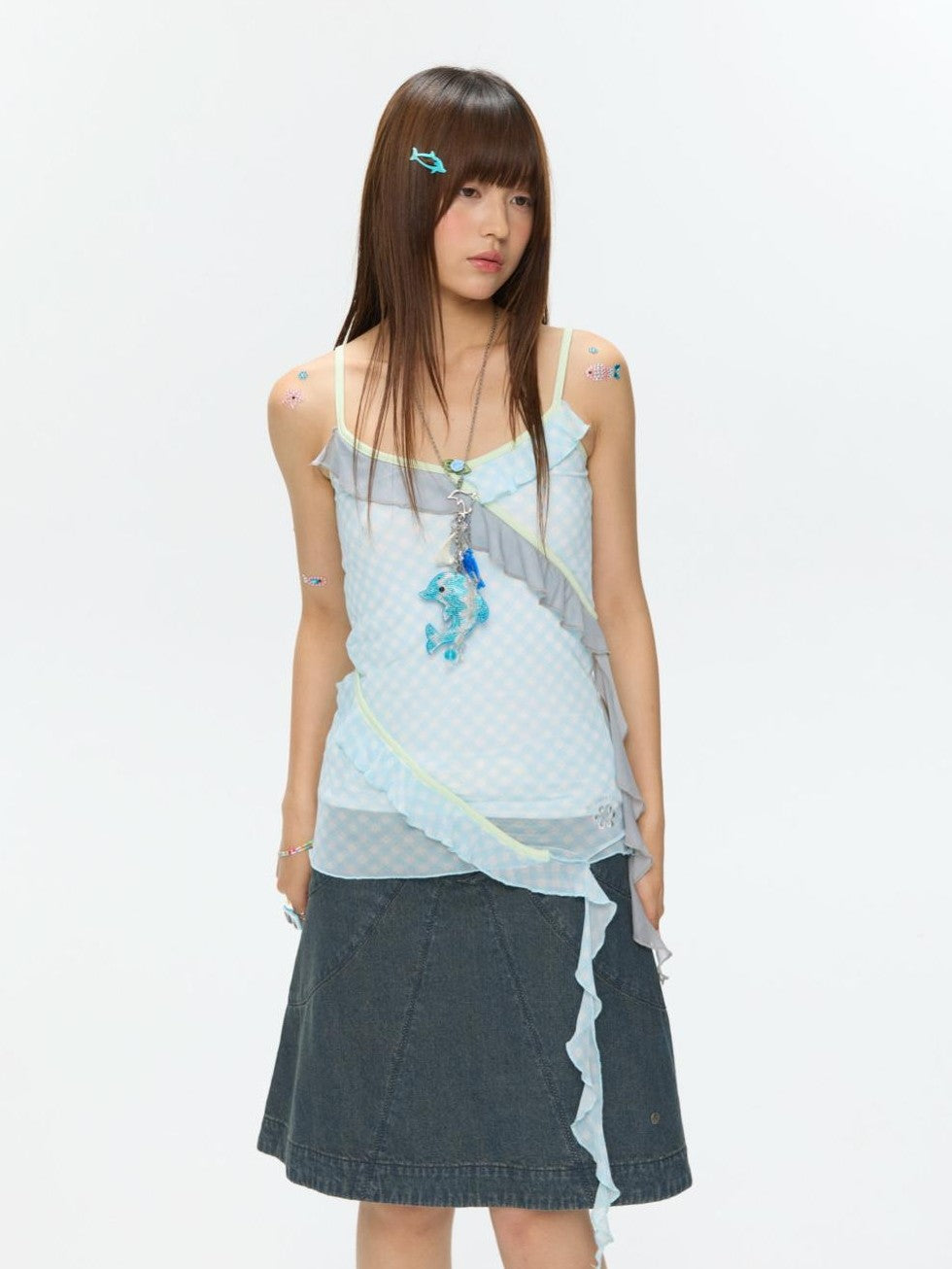 Ocean Wave Contrast Mesh Irregular Lace Strappy Women's Viscose Camisoles