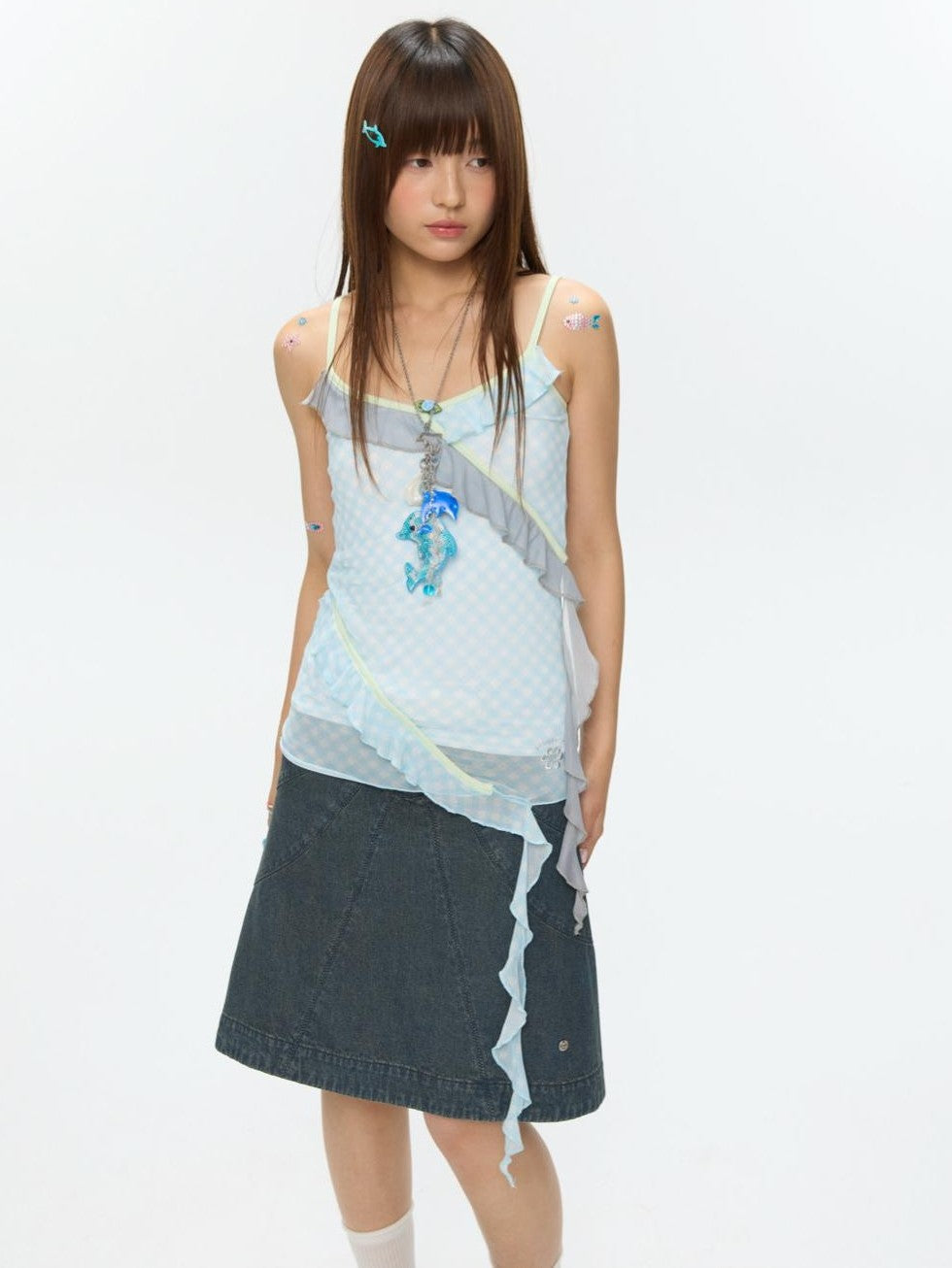 Ocean Wave Contrast Mesh Irregular Lace Strappy Women's Viscose Camisoles