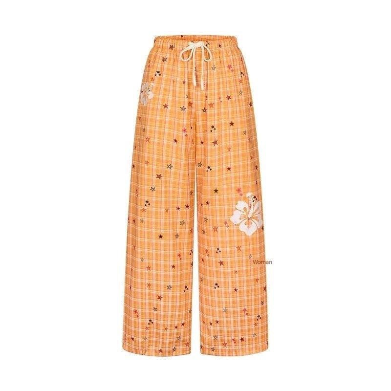 Orange Stars Hibiscus Plaid Lightweight Women's Polyester Chinos