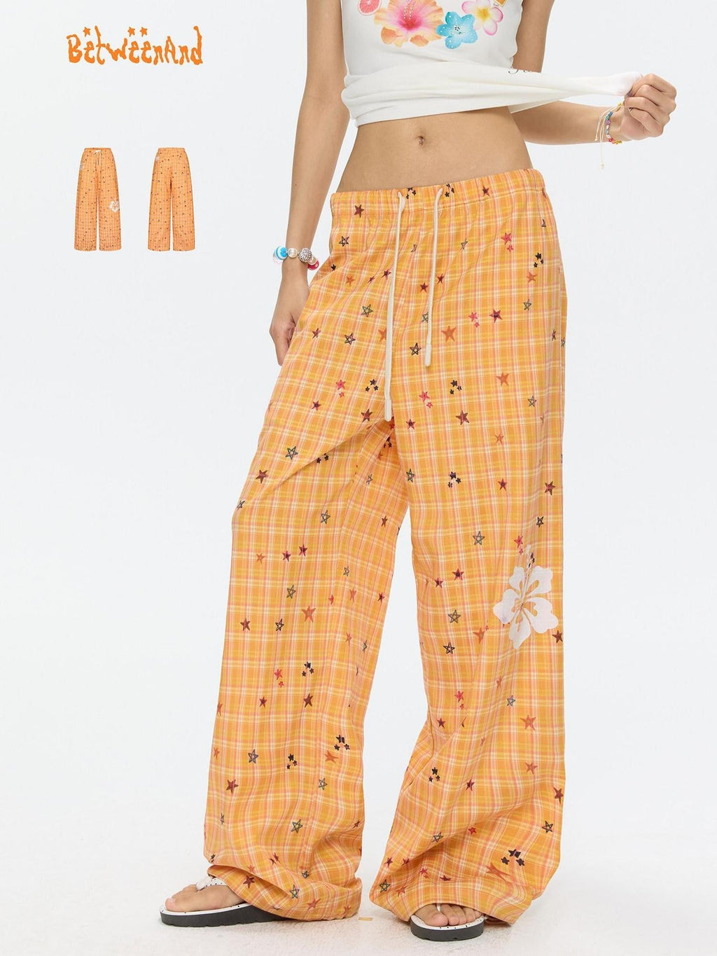 Orange Stars Hibiscus Plaid Lightweight Women's Polyester Chinos