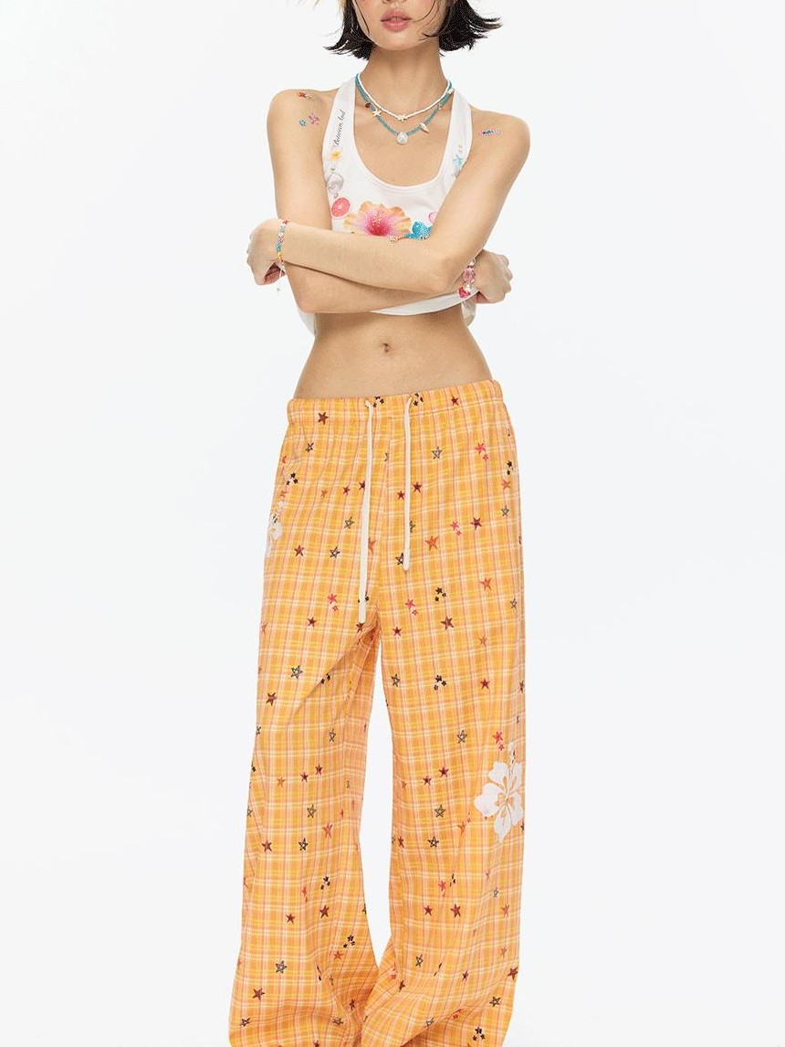 Orange Stars Hibiscus Plaid Lightweight Women's Polyester Chinos