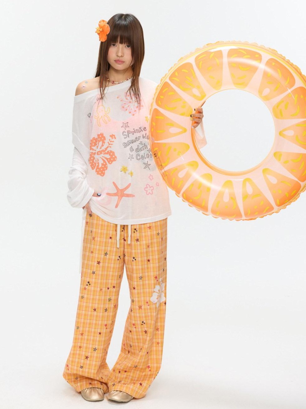 Orange Stars Hibiscus Plaid Lightweight Women's Polyester Chinos
