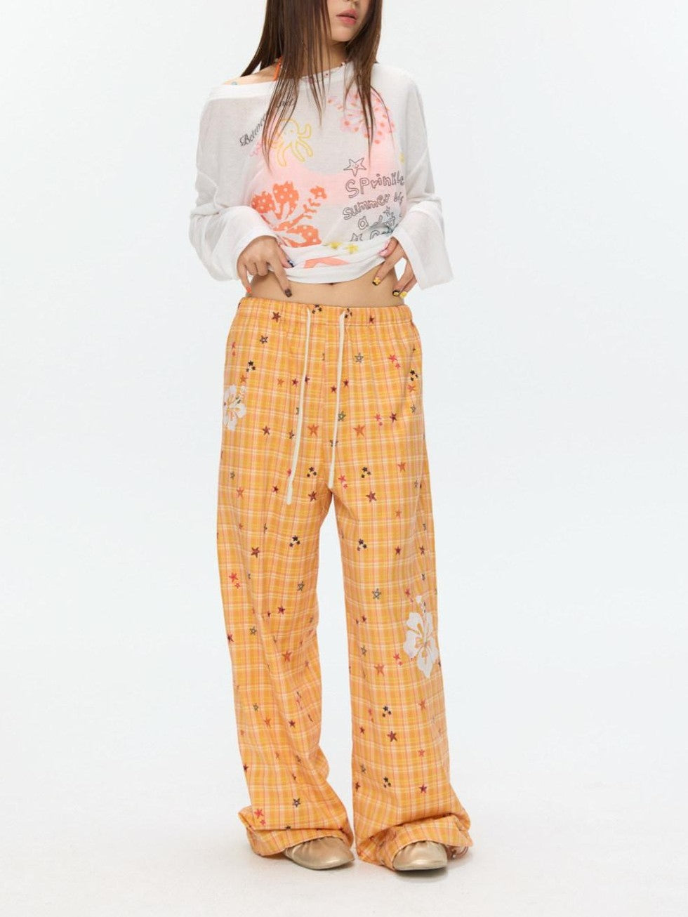 Orange Stars Hibiscus Plaid Lightweight Women's Polyester Chinos