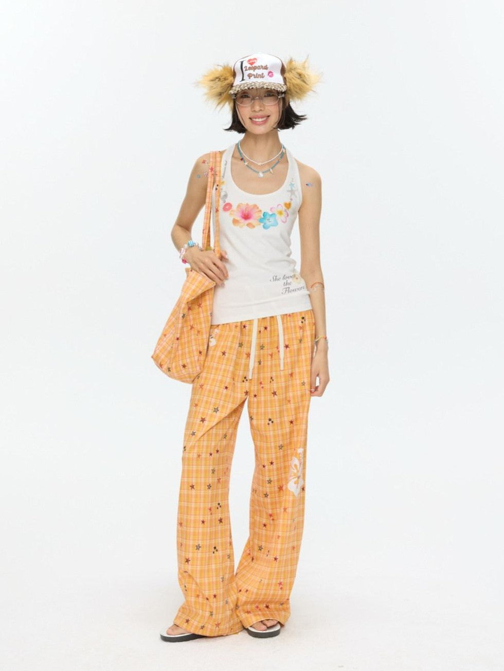 Orange Stars Hibiscus Plaid Lightweight Women's Polyester Chinos