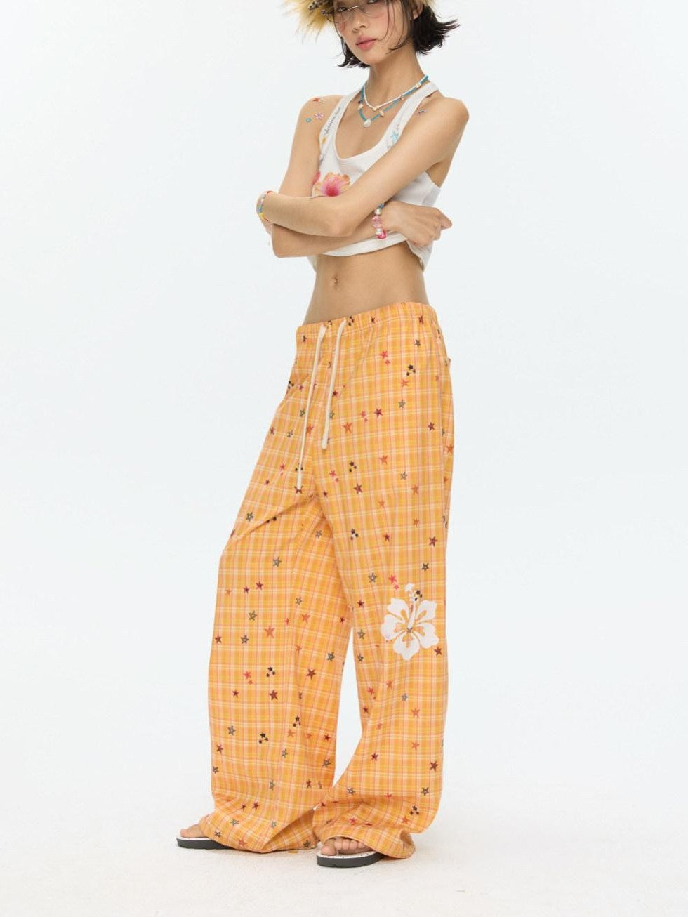 Orange Stars Hibiscus Plaid Lightweight Women's Polyester Chinos