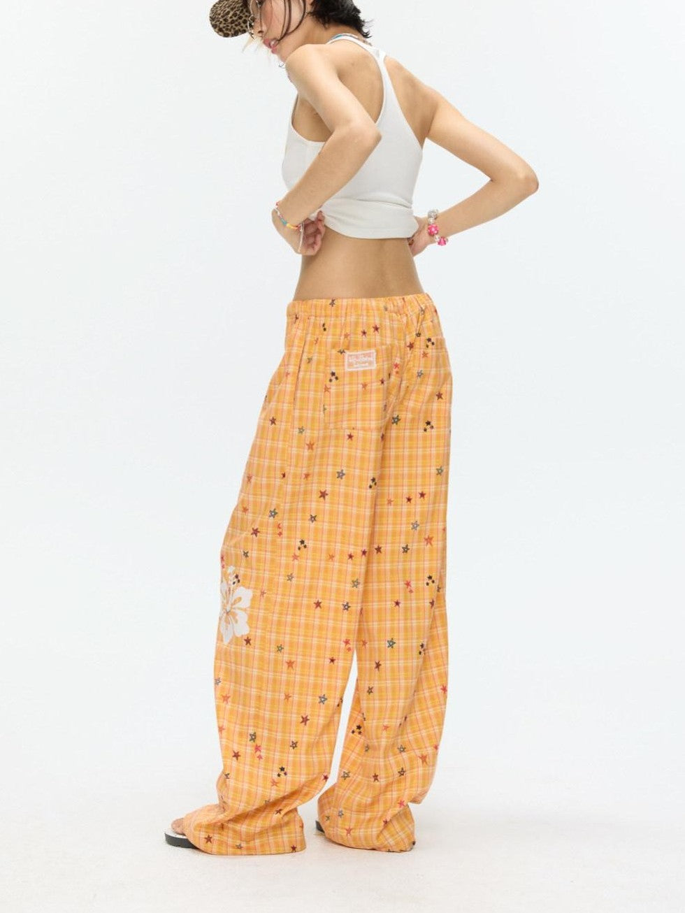 Orange Stars Hibiscus Plaid Lightweight Women's Polyester Chinos