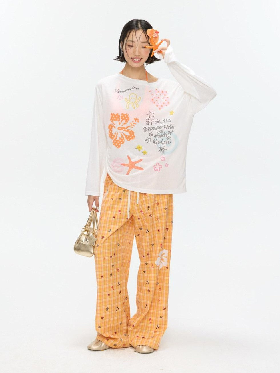 Orange Stars Hibiscus Plaid Lightweight Women's Polyester Chinos
