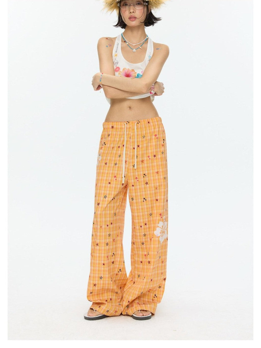 Orange Stars Hibiscus Plaid Lightweight Women's Polyester Chinos