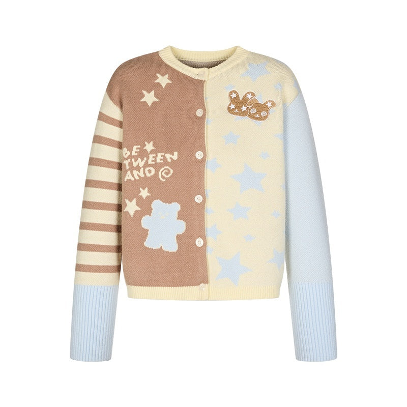 Pastel Colorblock Star Embroidered Women's Acrylic Blend Fuzzy Knit Cardigans