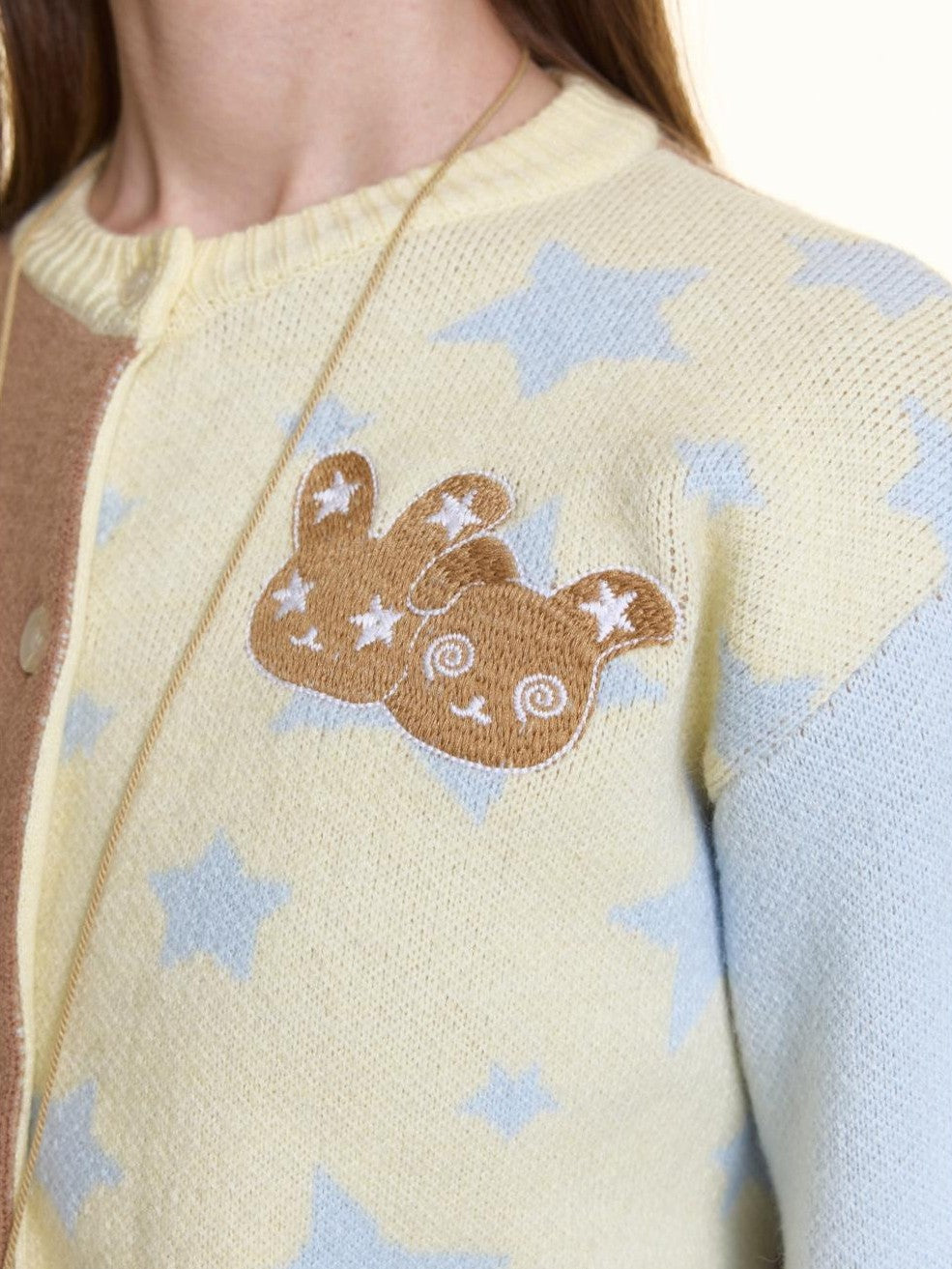 Pastel Colorblock Star Embroidered Women's Acrylic Blend Fuzzy Knit Cardigans