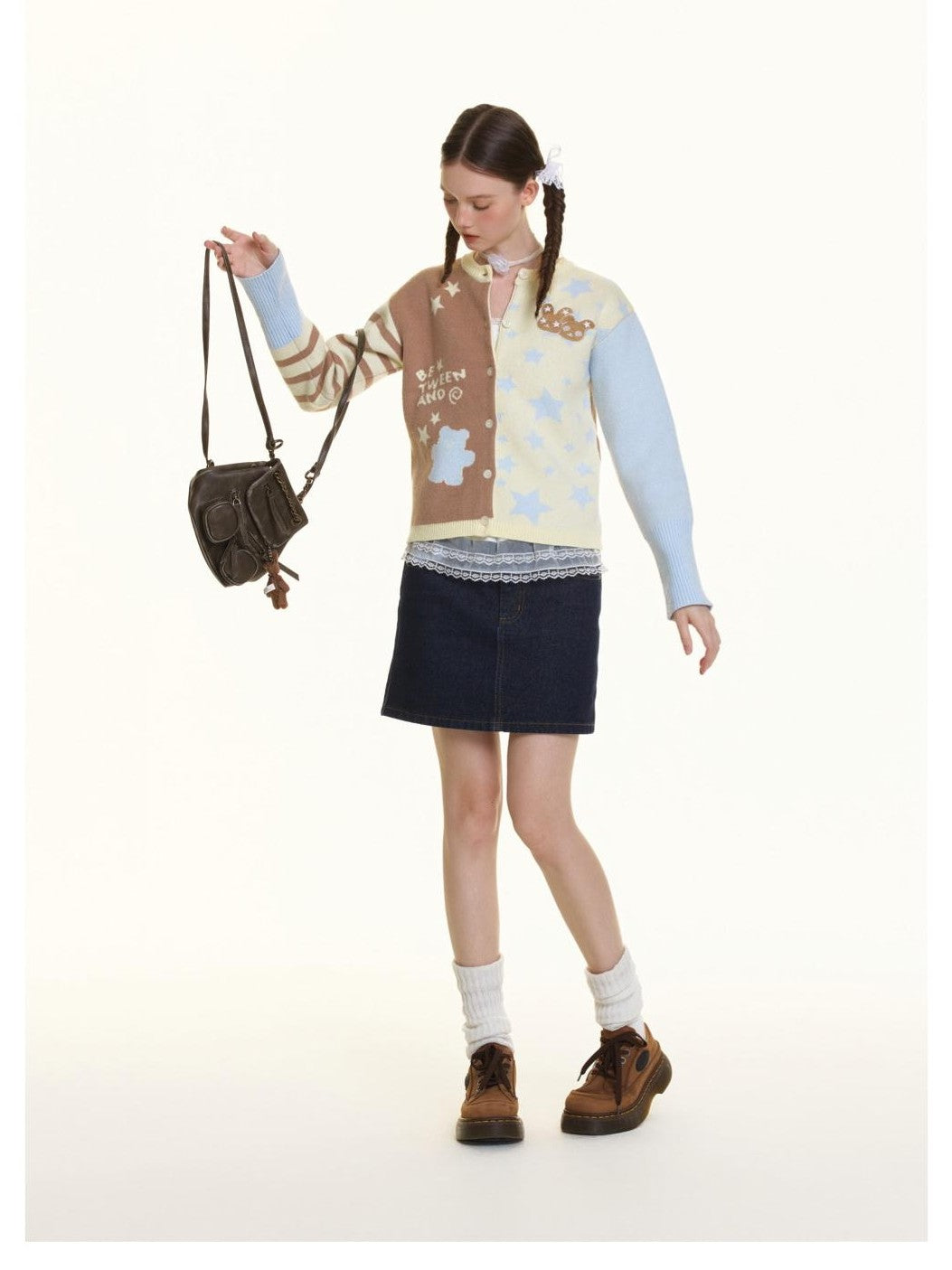 Pastel Colorblock Star Embroidered Women's Acrylic Blend Fuzzy Knit Cardigans