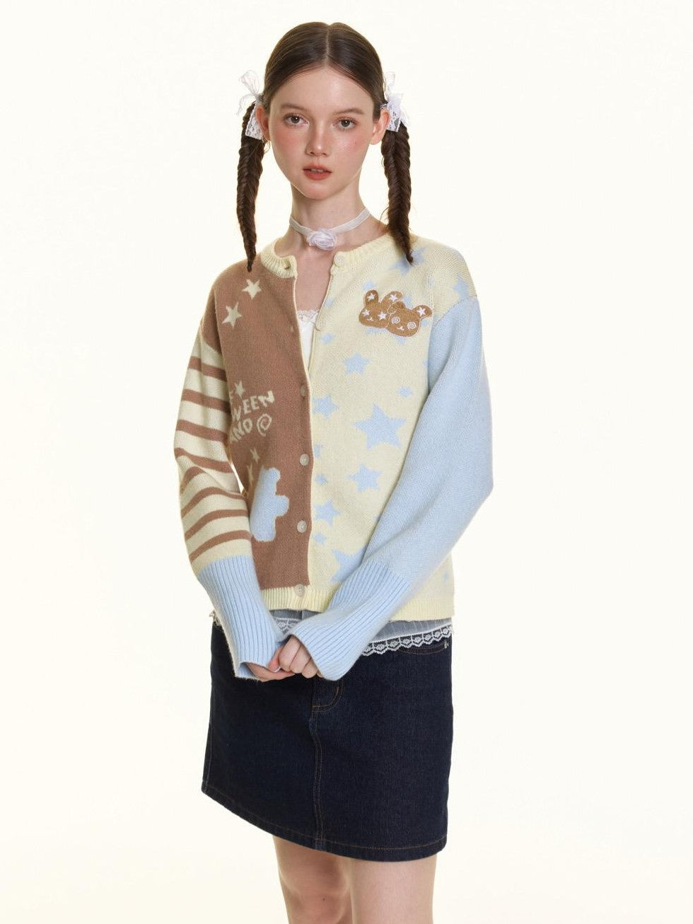 Pastel Colorblock Star Embroidered Women's Acrylic Blend Fuzzy Knit Cardigans