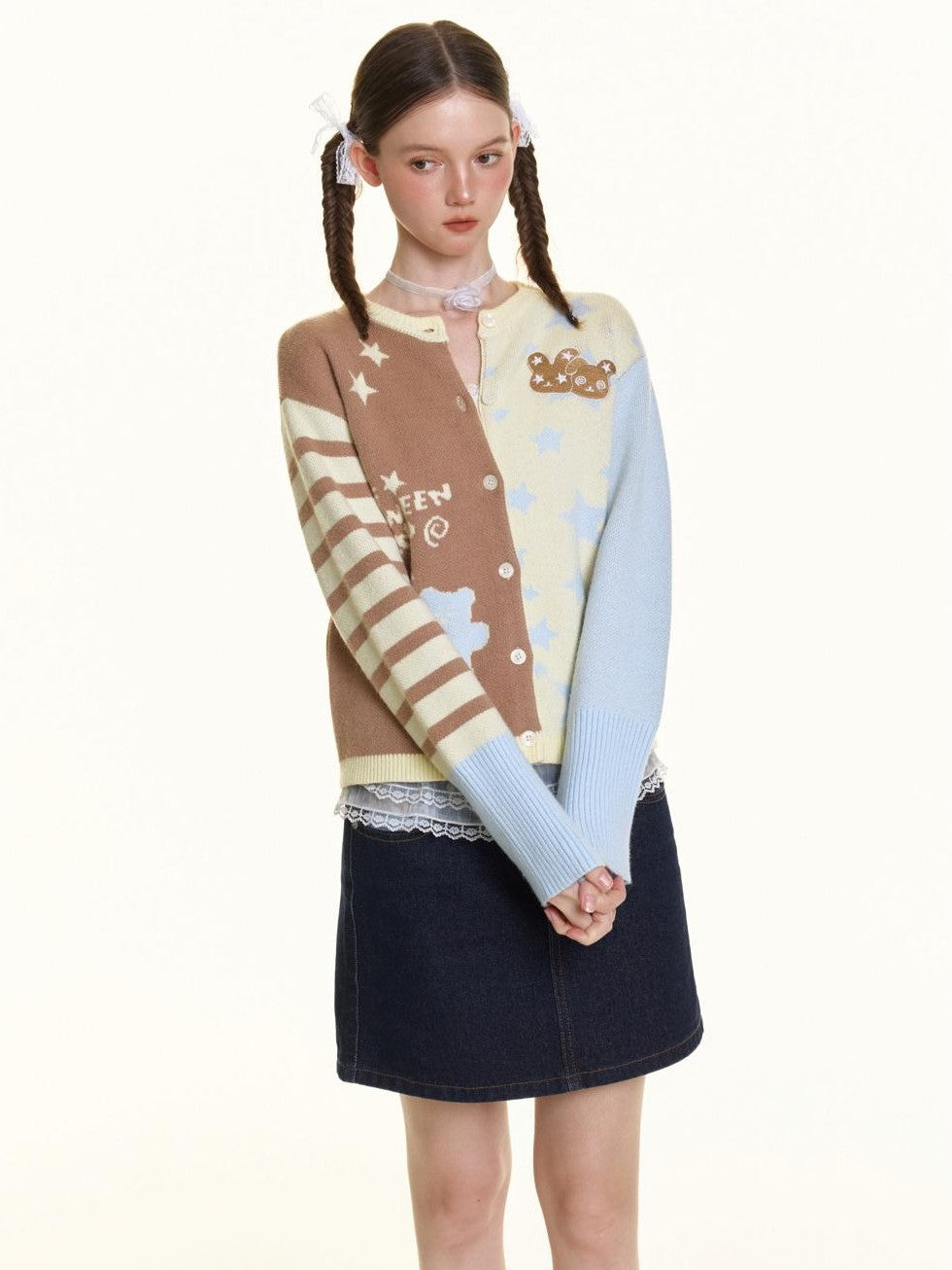 Pastel Colorblock Star Embroidered Women's Acrylic Blend Fuzzy Knit Cardigans