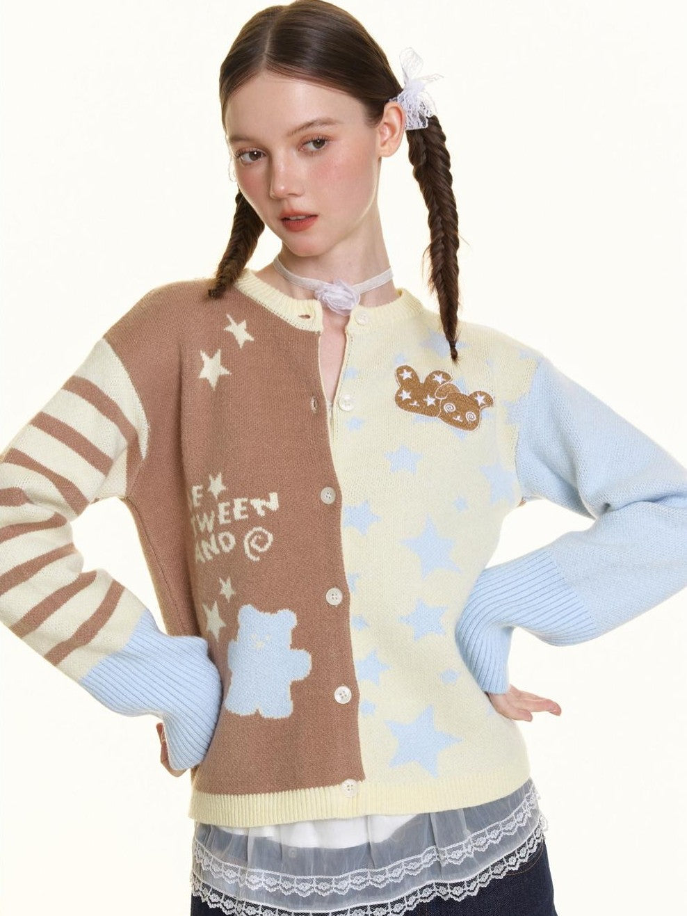 Pastel Colorblock Star Embroidered Women's Acrylic Blend Fuzzy Knit Cardigans