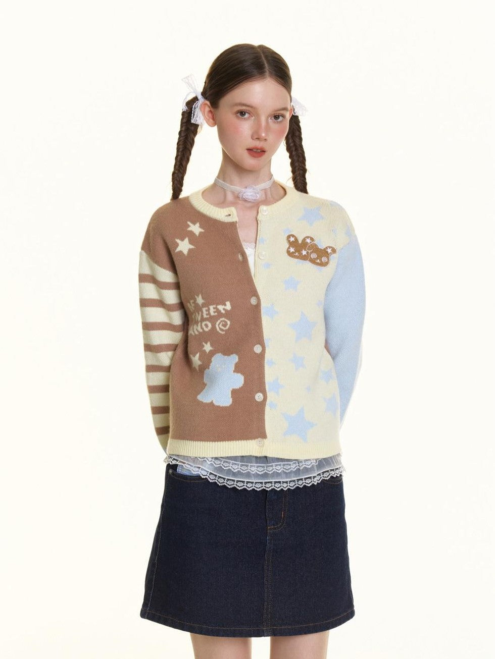 Pastel Colorblock Star Embroidered Women's Acrylic Blend Fuzzy Knit Cardigans
