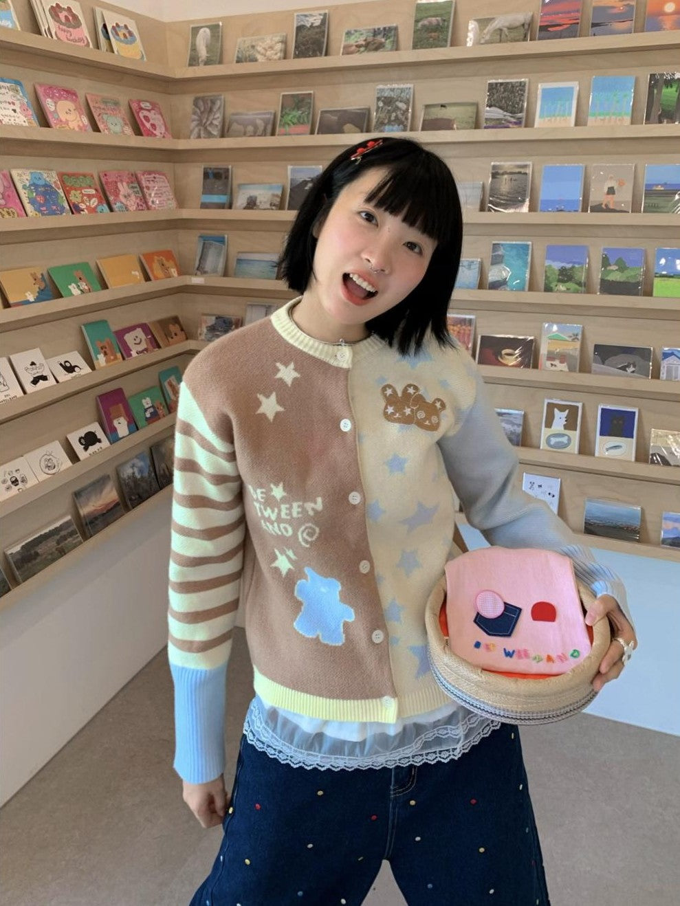Pastel Colorblock Star Embroidered Women's Acrylic Blend Fuzzy Knit Cardigans