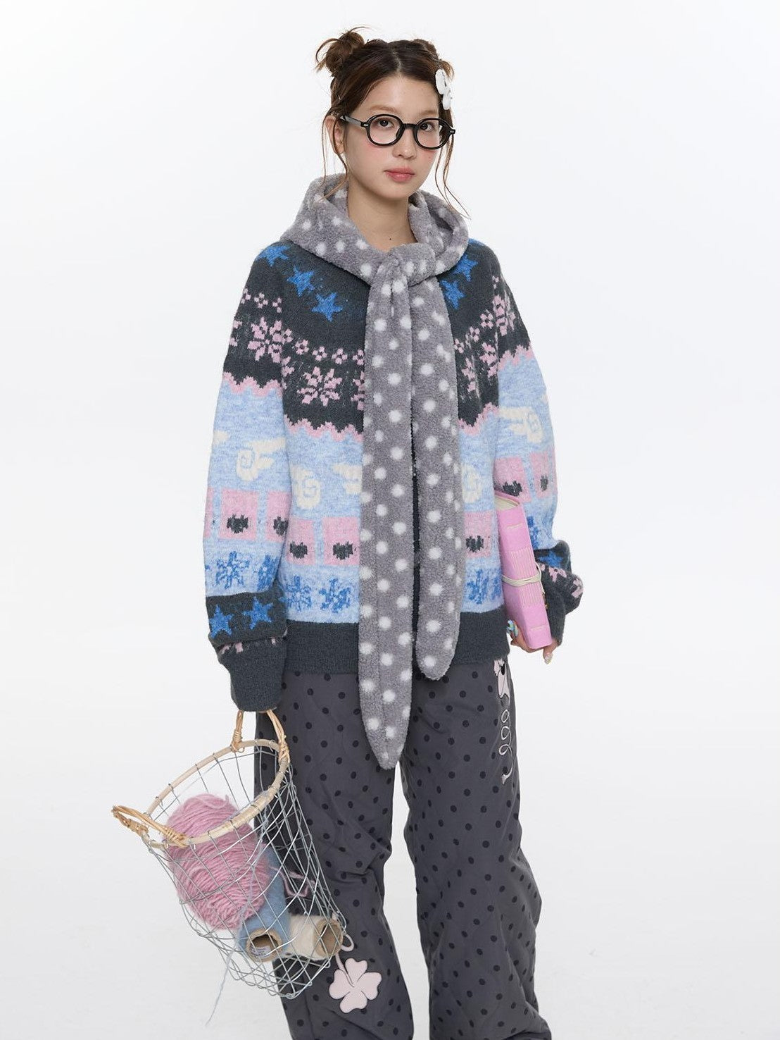 Pastel Pink Blue Snowflake Fair Isle Jacquard Women's Polyester Blend Sweaters