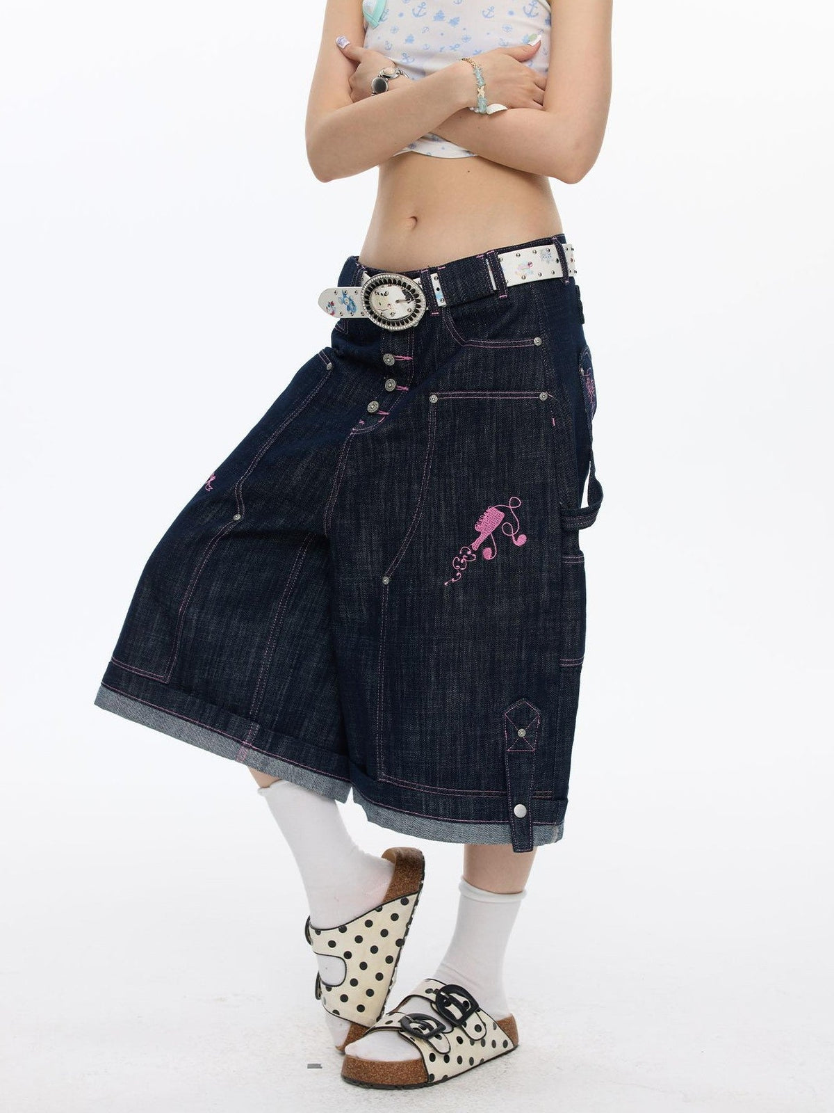 Pink Stitching Vintage Raw Denim Wide Leg Women's Cotton Blend Capri Pants