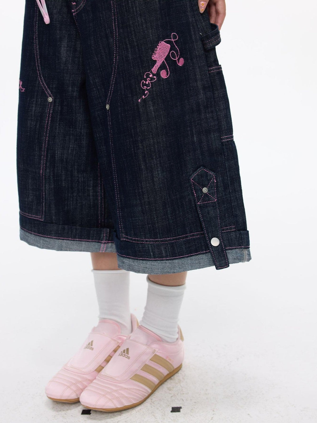 Pink Stitching Vintage Raw Denim Wide Leg Women's Cotton Blend Capri Pants