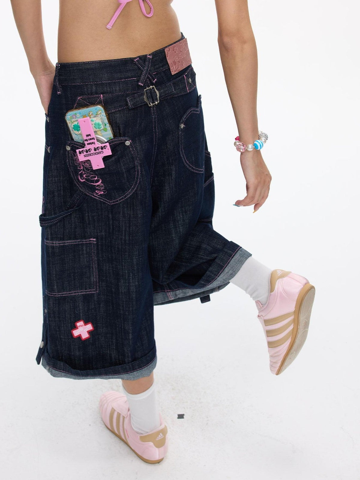 Pink Stitching Vintage Raw Denim Wide Leg Women's Cotton Blend Capri Pants