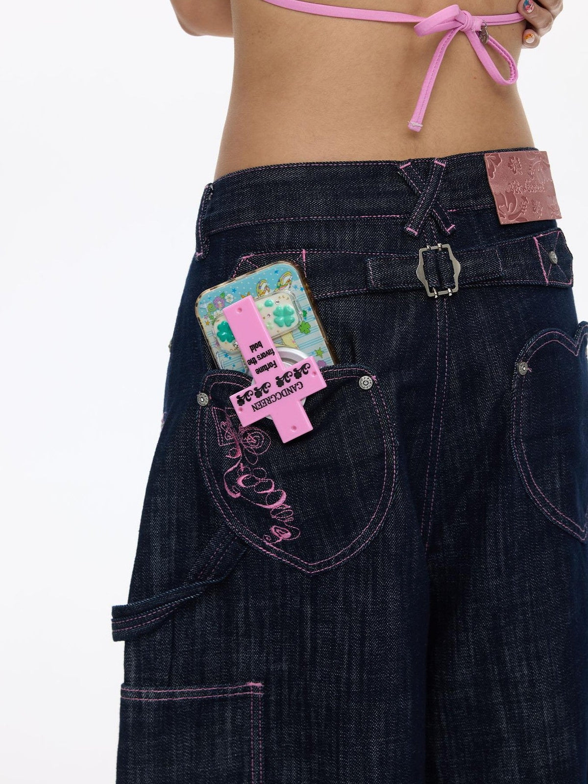 Pink Stitching Vintage Raw Denim Wide Leg Women's Cotton Blend Capri Pants