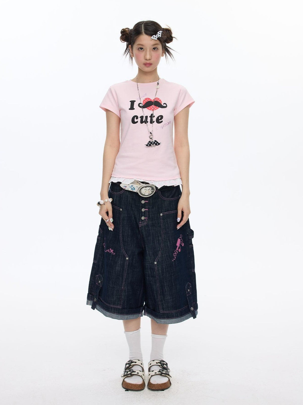 Pink Stitching Vintage Raw Denim Wide Leg Women's Cotton Blend Capri Pants