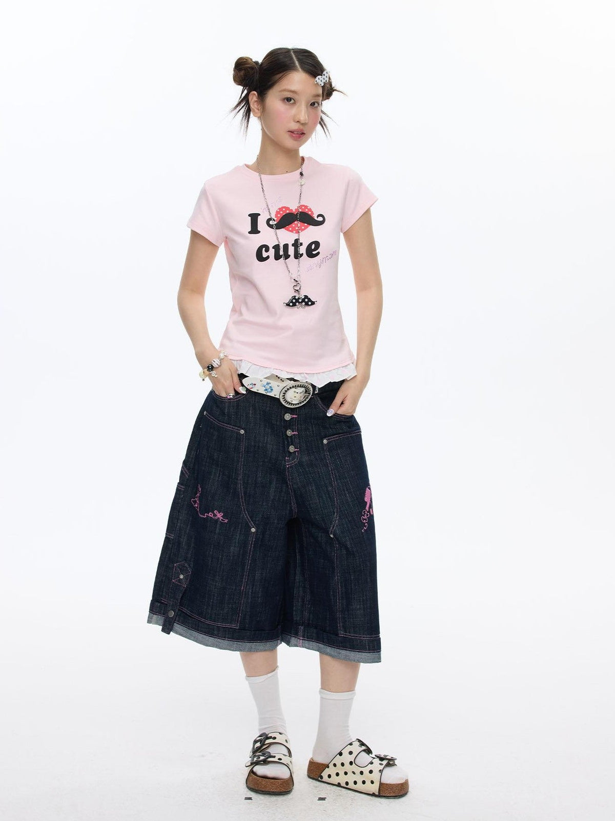 Pink Stitching Vintage Raw Denim Wide Leg Women's Cotton Blend Capri Pants