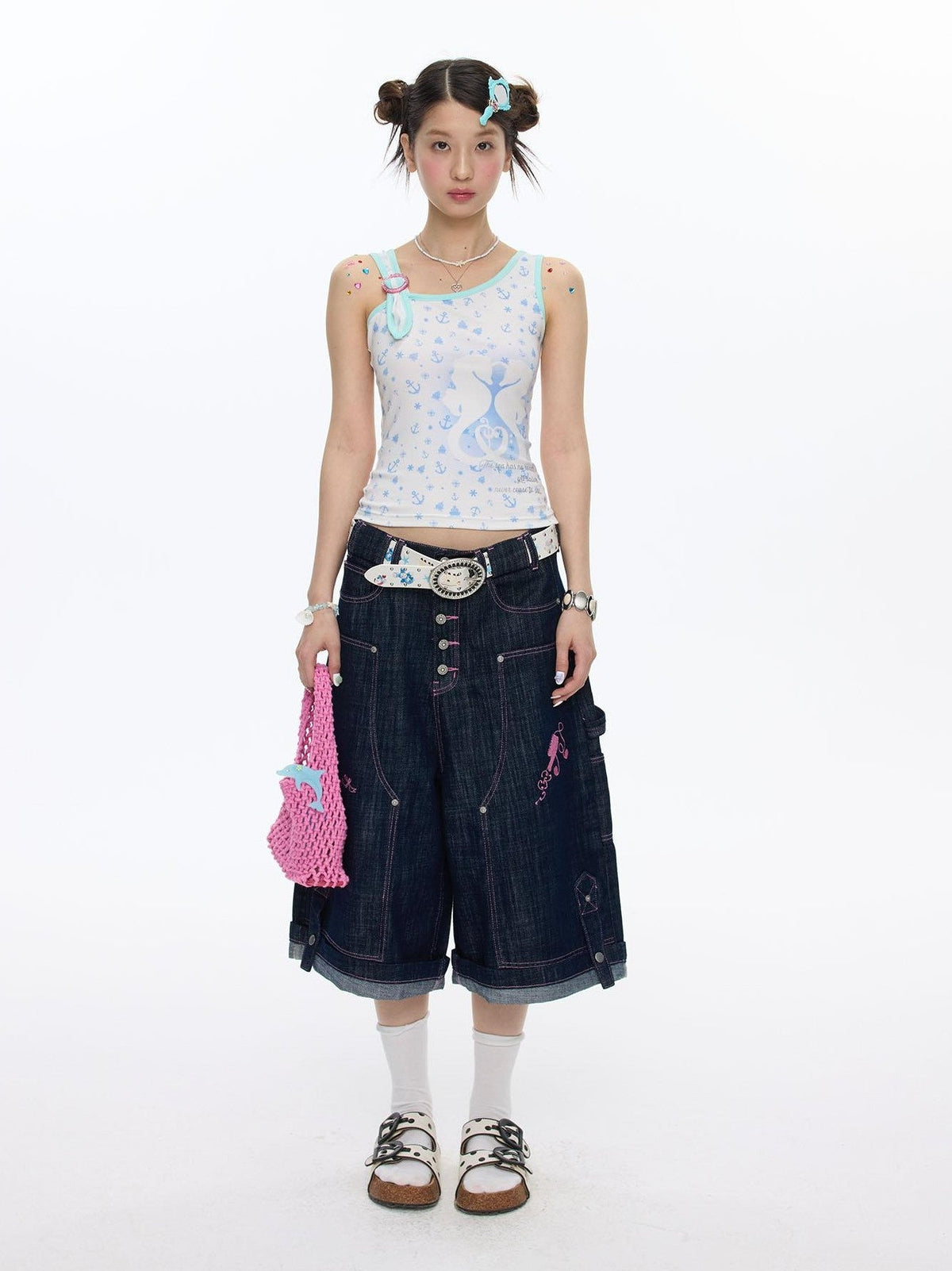 Pink Stitching Vintage Raw Denim Wide Leg Women's Cotton Blend Capri Pants