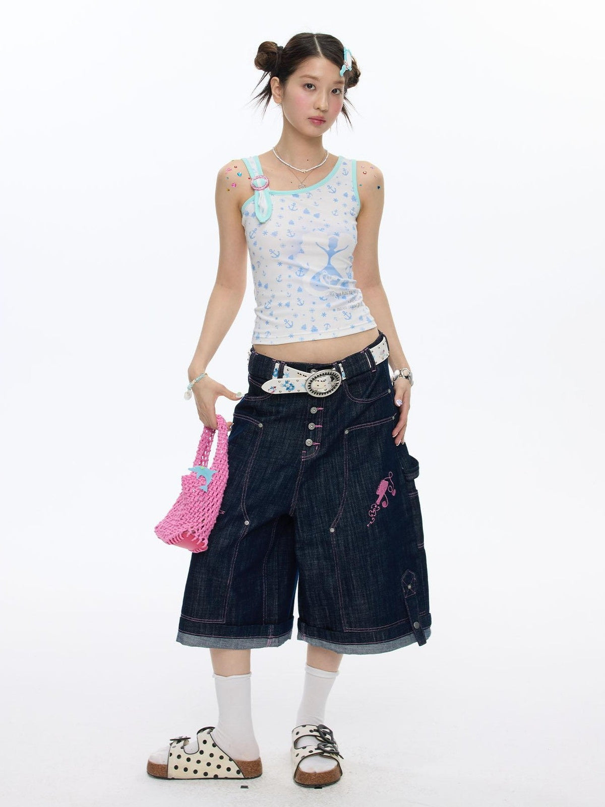 Pink Stitching Vintage Raw Denim Wide Leg Women's Cotton Blend Capri Pants