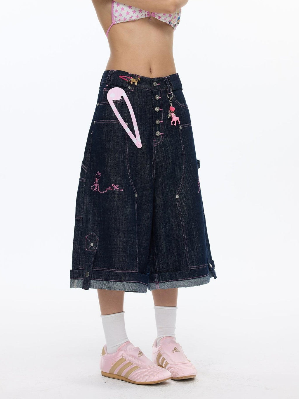 Pink Stitching Vintage Raw Denim Wide Leg Women's Cotton Blend Capri Pants