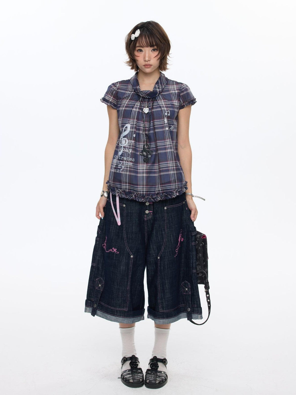 Pink Stitching Vintage Raw Denim Wide Leg Women's Cotton Blend Capri Pants