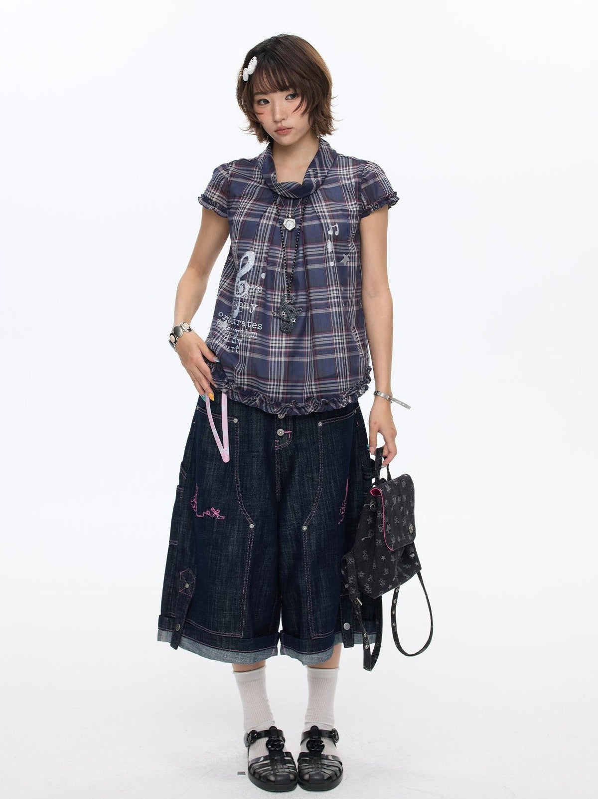 Pink Stitching Vintage Raw Denim Wide Leg Women's Cotton Blend Capri Pants