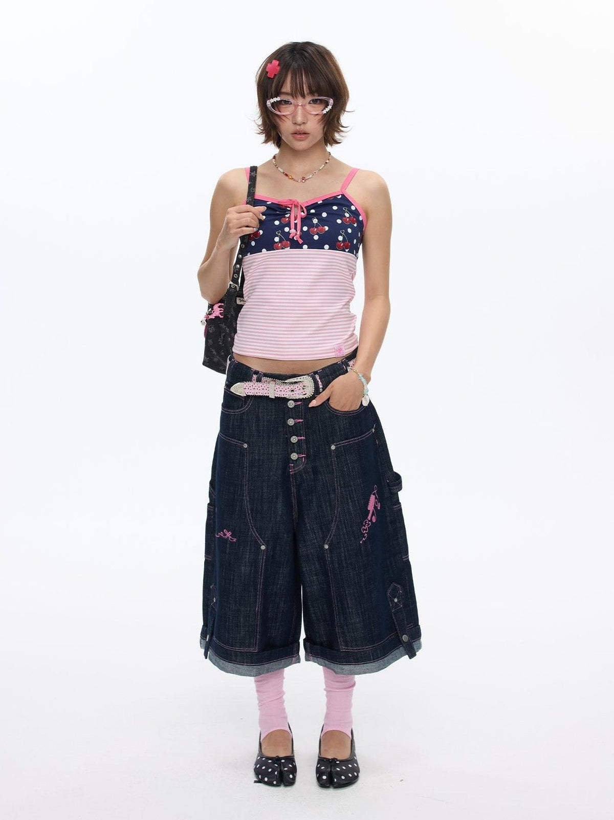 Pink Stitching Vintage Raw Denim Wide Leg Women's Cotton Blend Capri Pants