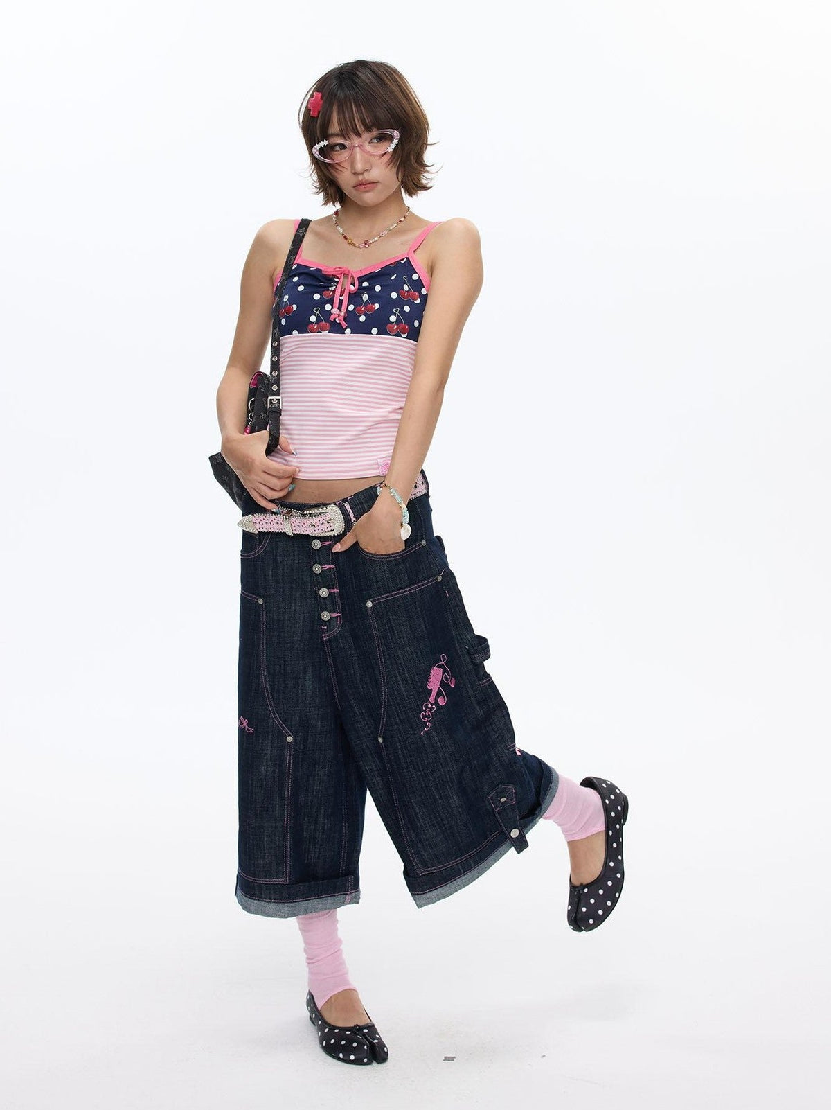 Pink Stitching Vintage Raw Denim Wide Leg Women's Cotton Blend Capri Pants