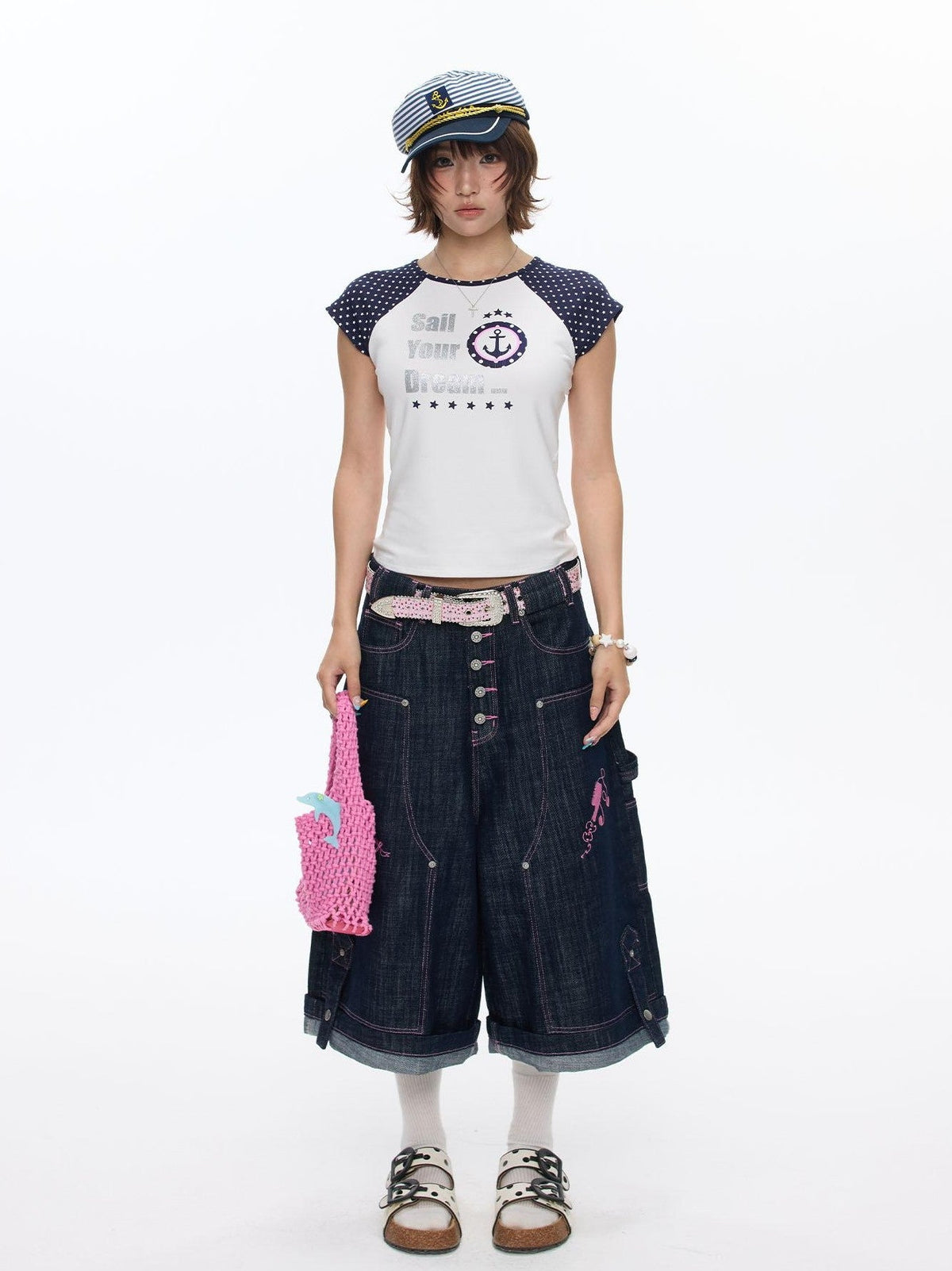 Pink Stitching Vintage Raw Denim Wide Leg Women's Cotton Blend Capri Pants