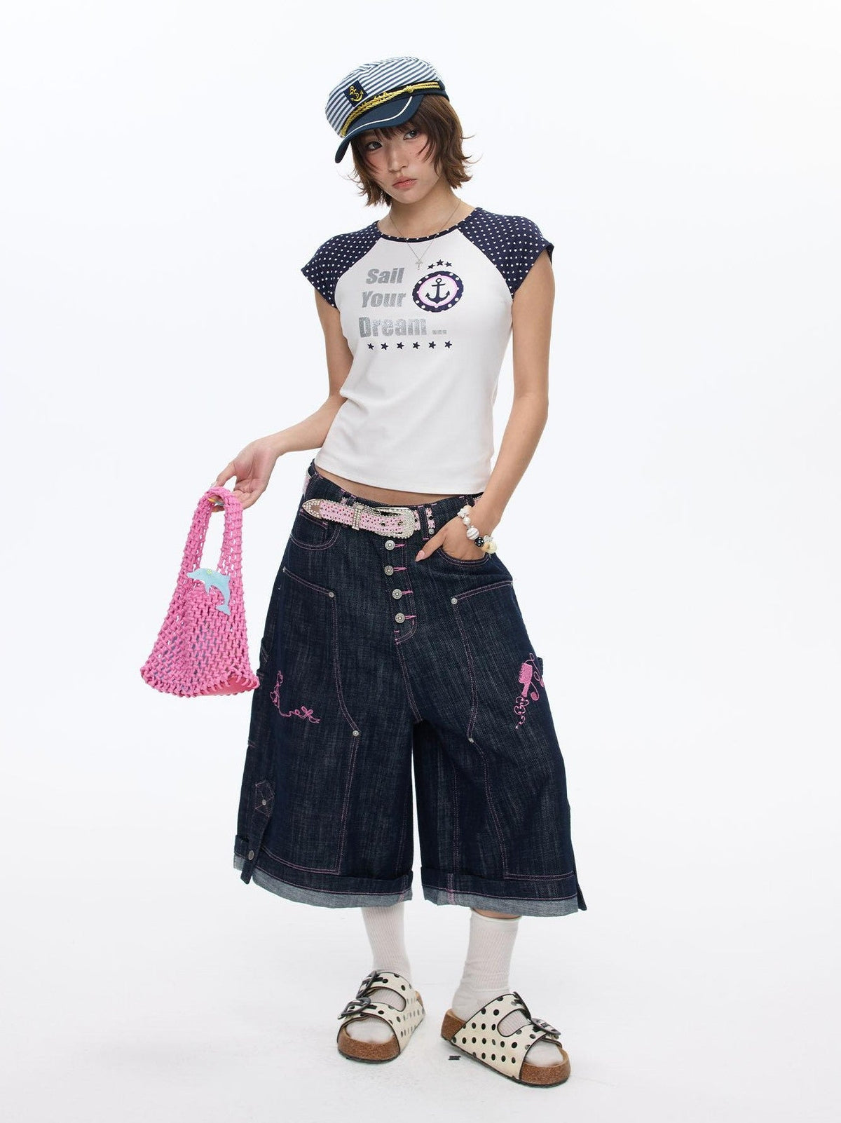 Pink Stitching Vintage Raw Denim Wide Leg Women's Cotton Blend Capri Pants