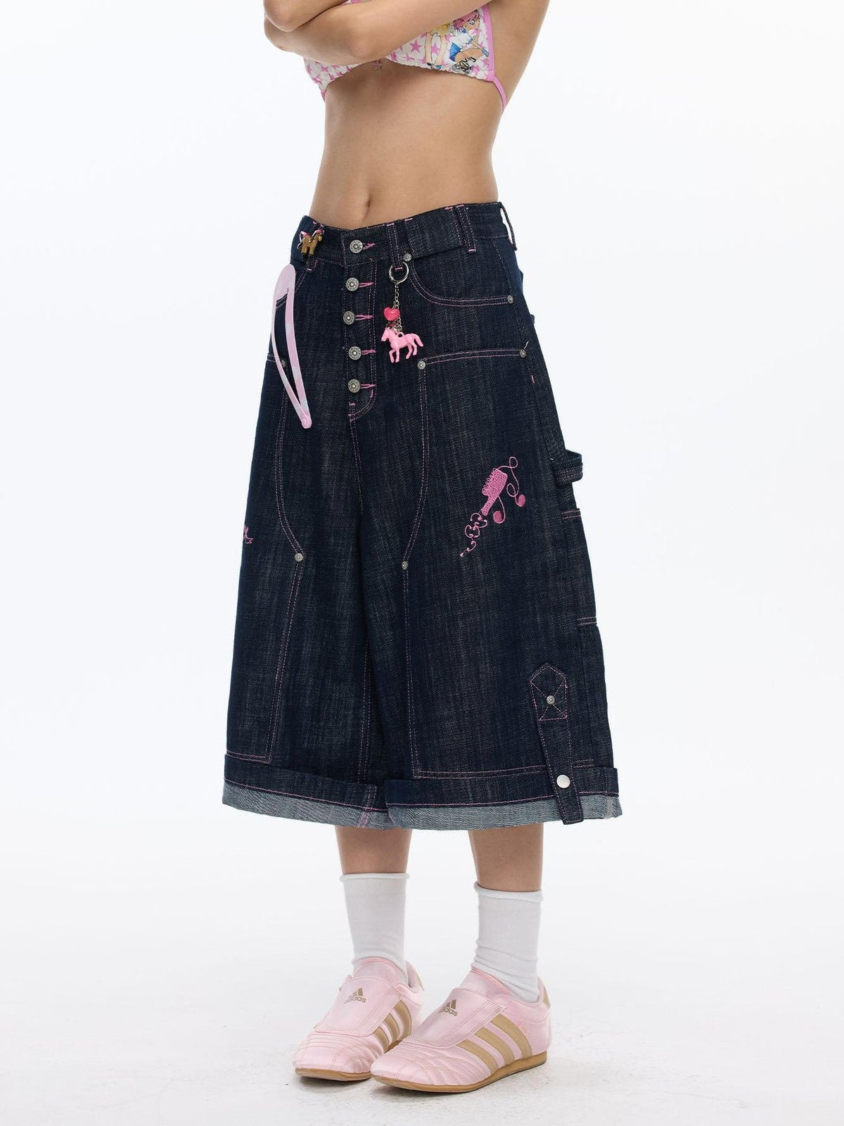 Pink Stitching Vintage Raw Denim Wide Leg Women's Cotton Blend Capri Pants