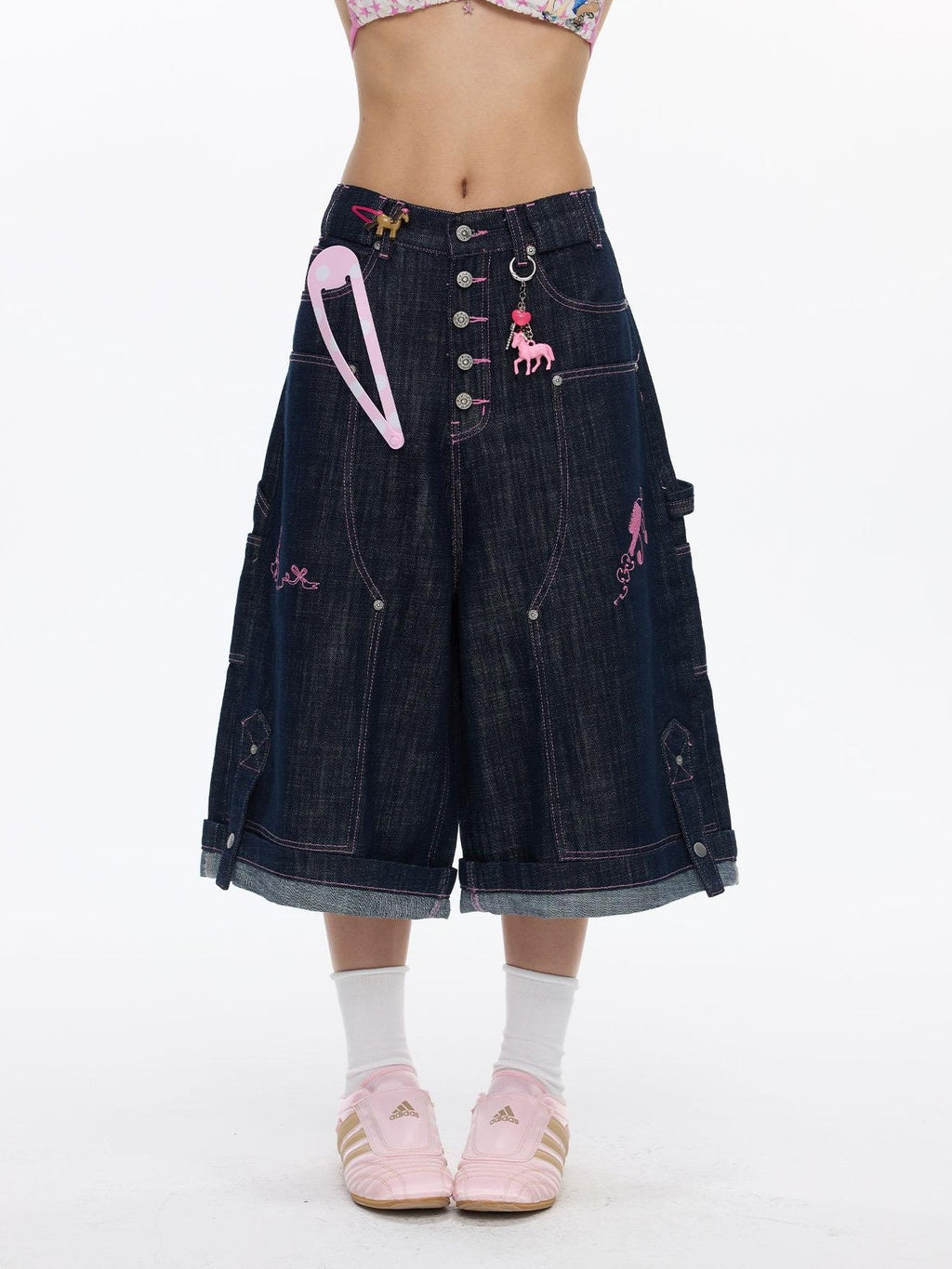 Pink Stitching Vintage Raw Denim Wide Leg Women's Cotton Blend Capri Pants