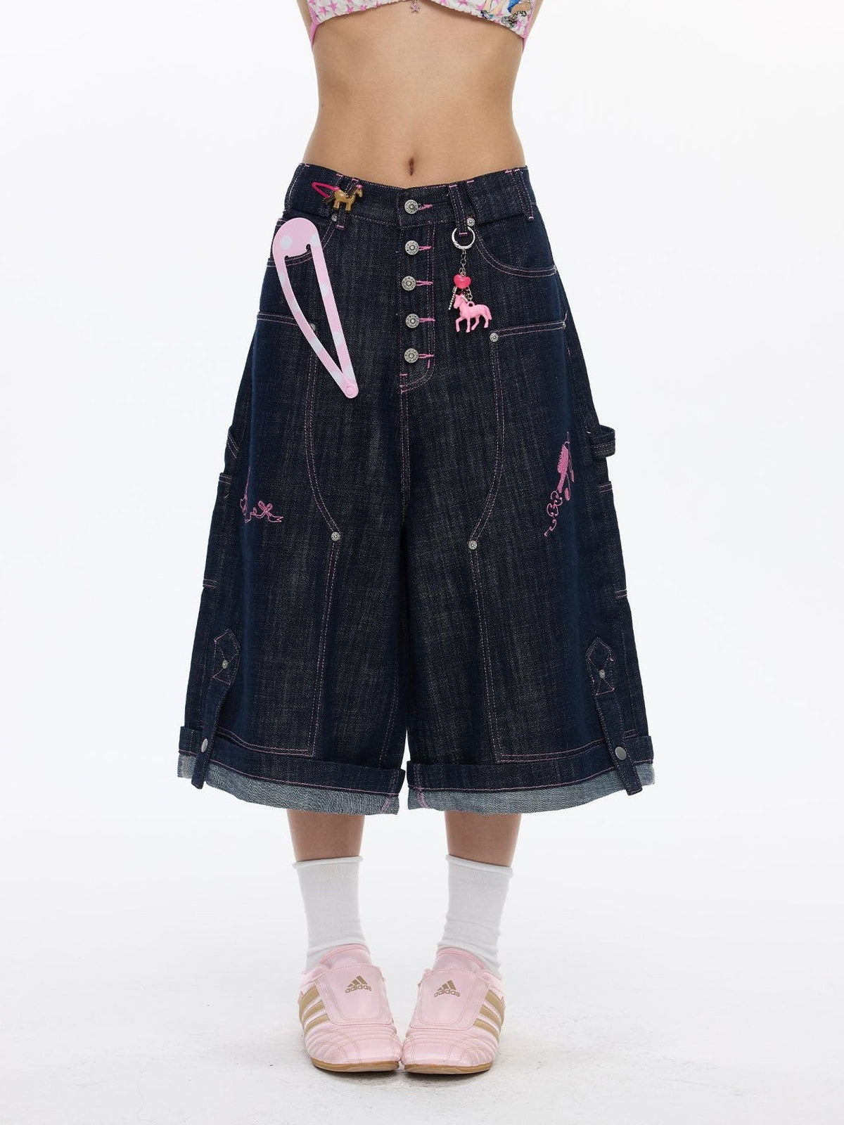 Pink Stitching Vintage Raw Denim Wide Leg Women's Cotton Blend Capri Pants