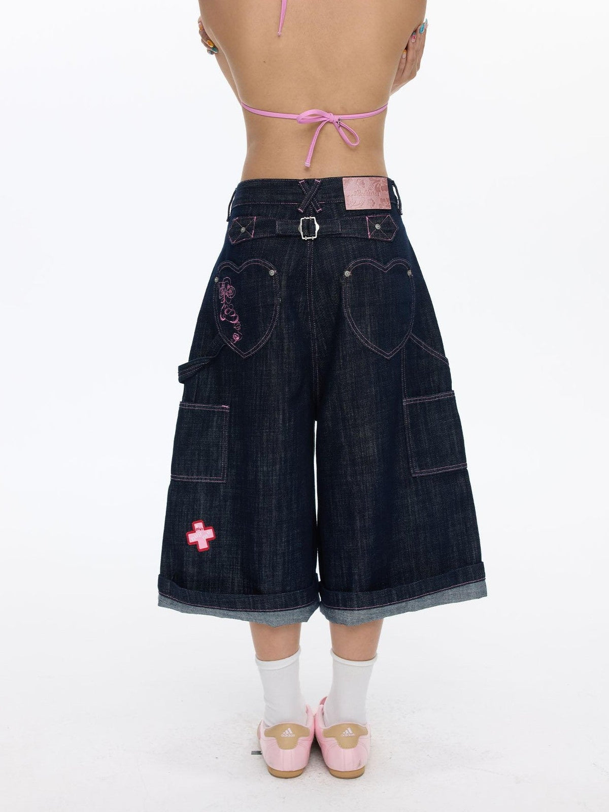 Pink Stitching Vintage Raw Denim Wide Leg Women's Cotton Blend Capri Pants