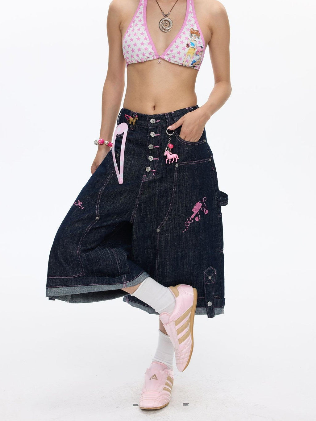 Pink Stitching Vintage Raw Denim Wide Leg Women's Cotton Blend Capri Pants
