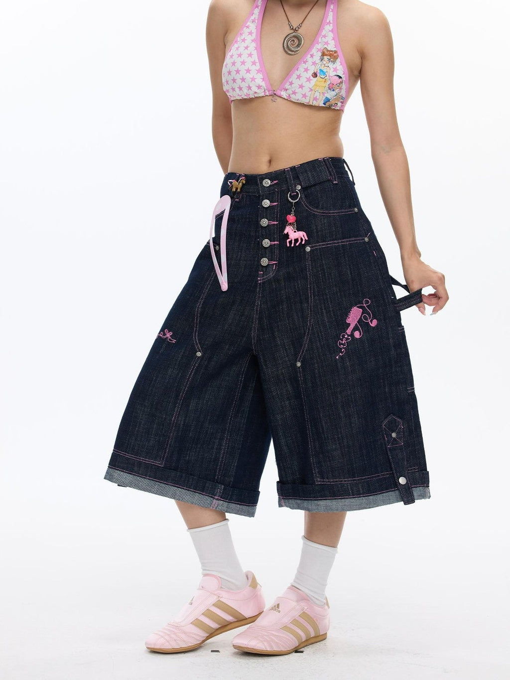 Pink Stitching Vintage Raw Denim Wide Leg Women's Cotton Blend Capri Pants