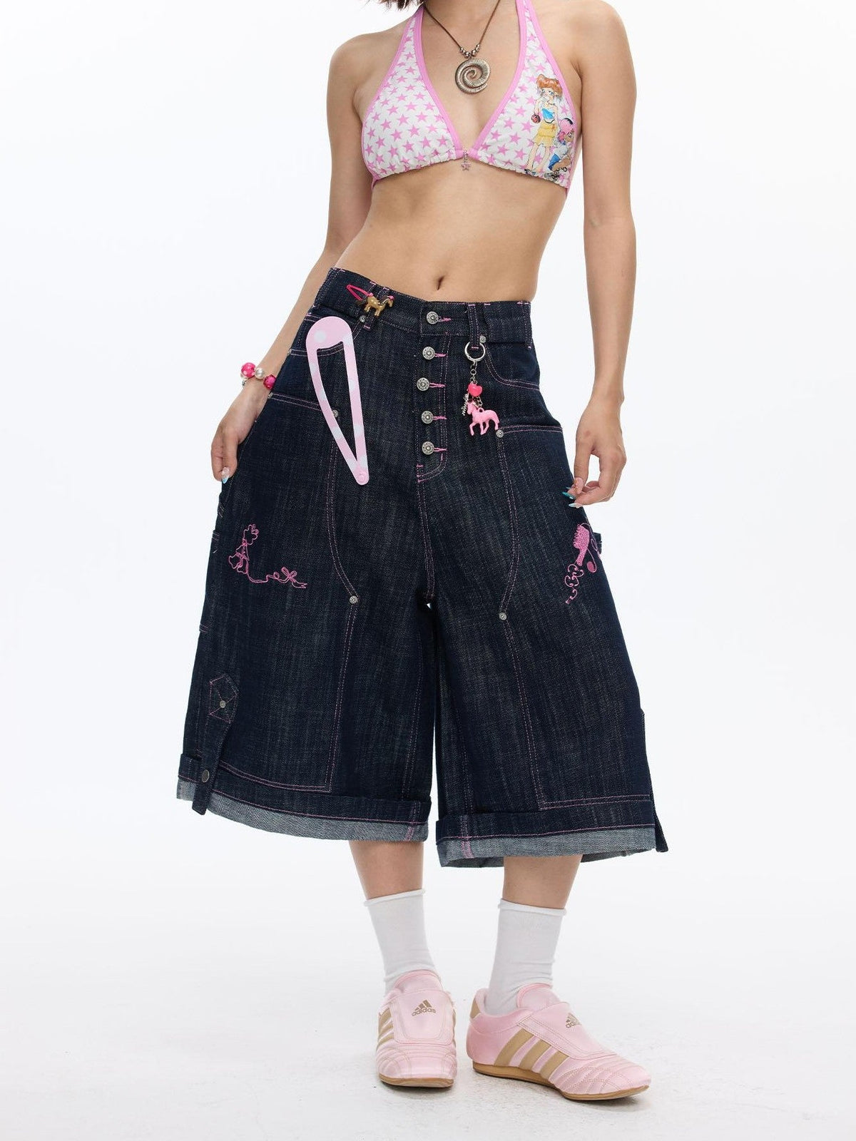 Pink Stitching Vintage Raw Denim Wide Leg Women's Cotton Blend Capri Pants