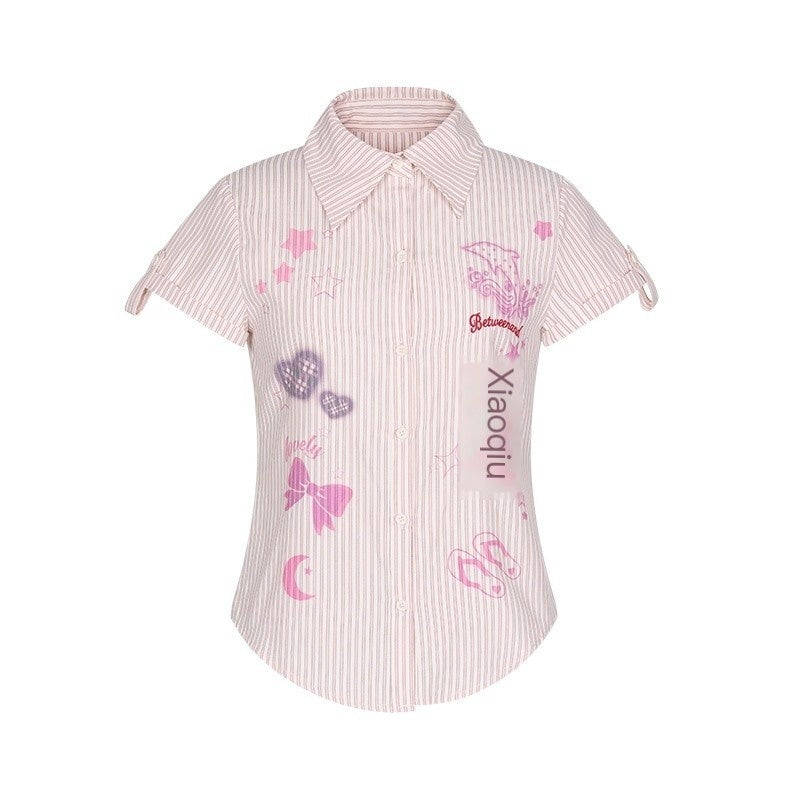 Pink Striped Print Stand Collar Waist Cinch Women's Poly Cotton Blend Blouses