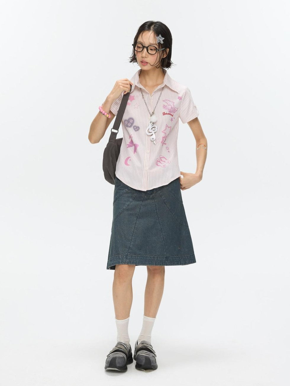 Pink Striped Print Stand Collar Waist Cinch Women's Poly Cotton Blend Blouses