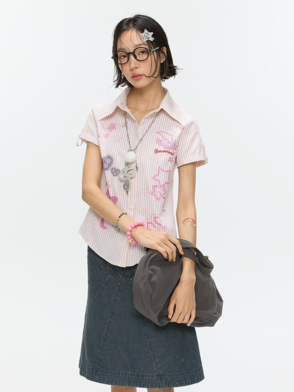 Pink Striped Print Stand Collar Waist Cinch Women's Poly Cotton Blend Blouses